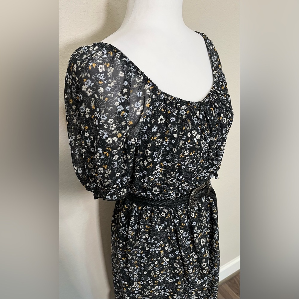 Wallflower Prairie Core Black Ditsy Floral Maxi Dress with Belt Size L
